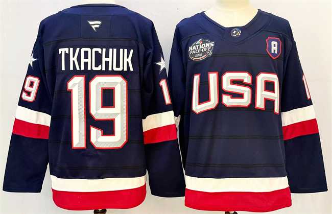 Mens USA #19 Matthew Tkachuk Navy 2025 With A Patch 4 Nations Face-Off Stitched Jersey